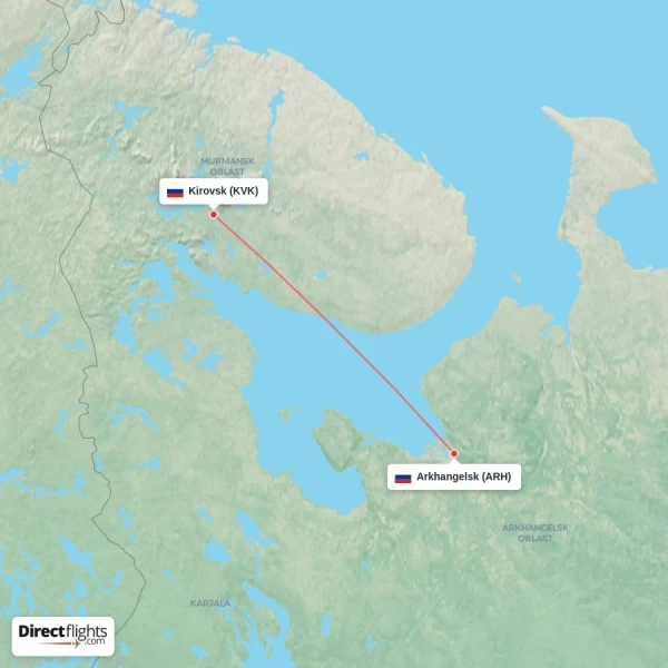 Arkhangelsk - Kirovsk direct flight map
