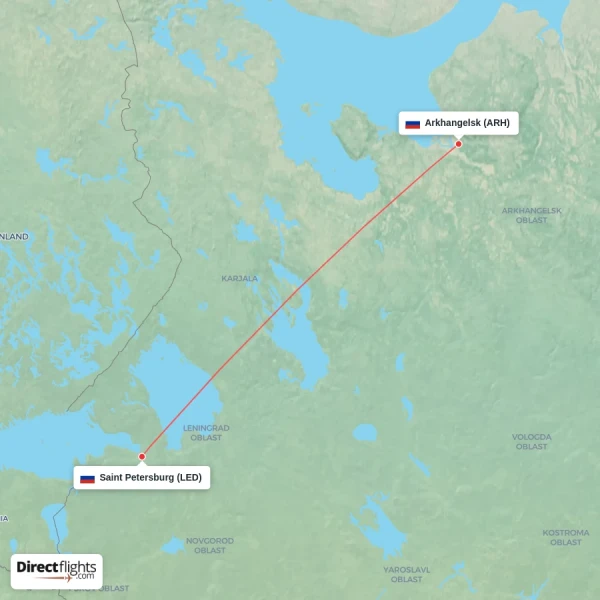 Arkhangelsk - Saint Petersburg direct flight map