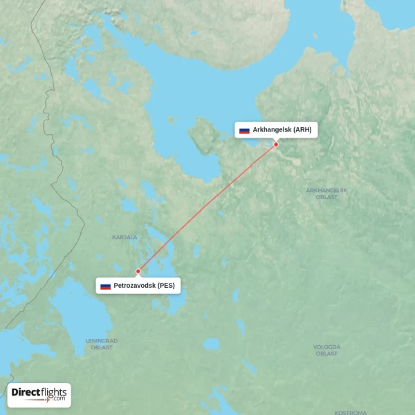 Arkhangelsk - Petrozavodsk direct flight map