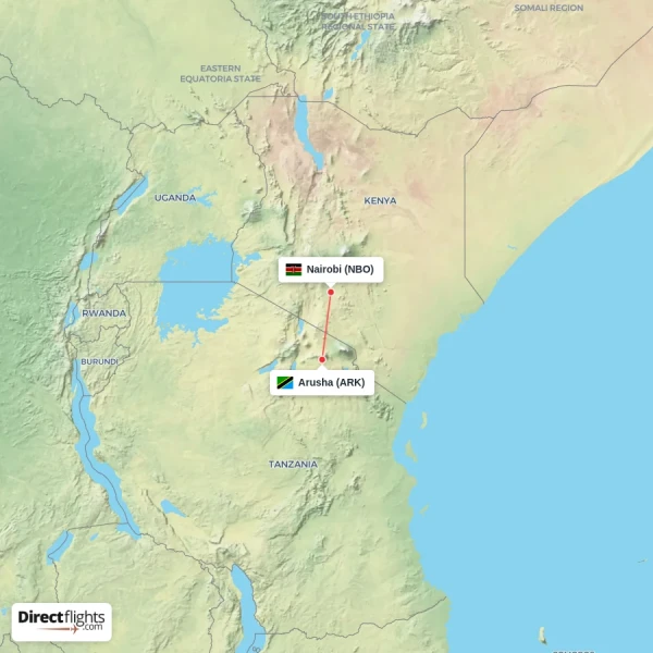 Arusha - Nairobi direct flight map