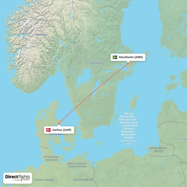 Stockholm - Aarhus direct flight map