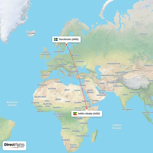Stockholm - Addis Ababa direct flight map