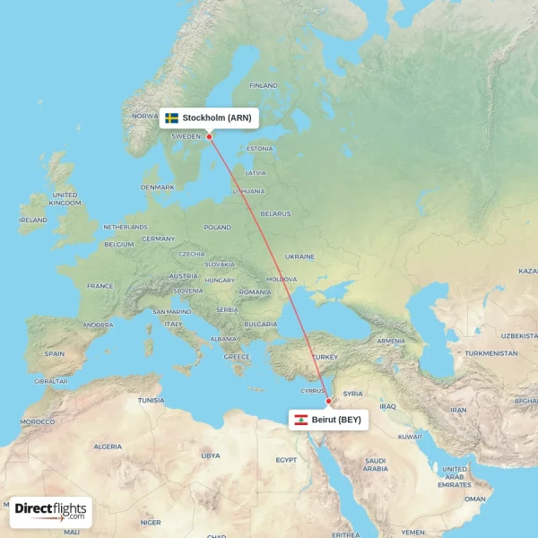 Stockholm - Beirut direct flight map