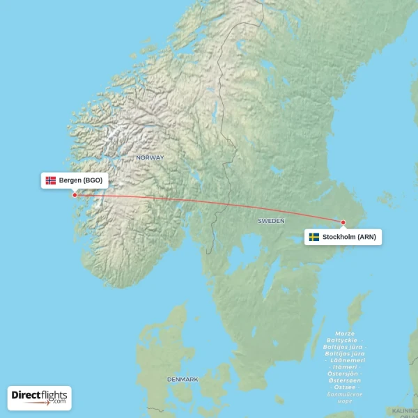 Stockholm - Bergen direct flight map