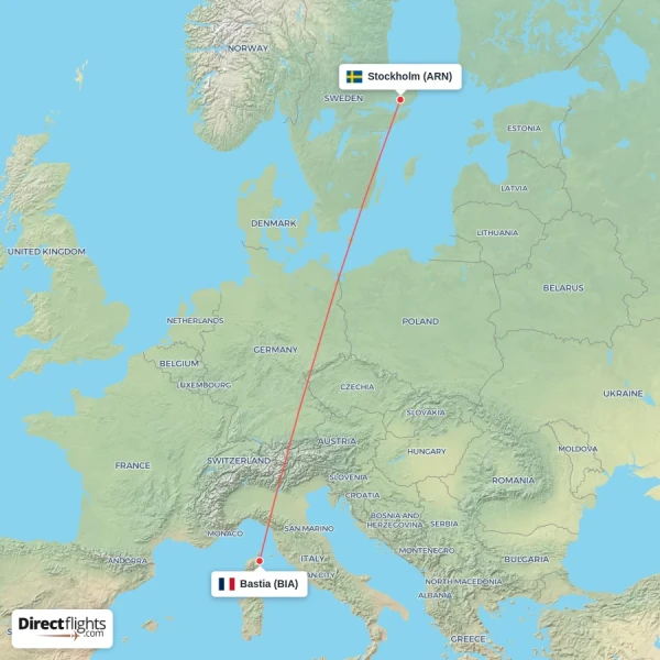 Stockholm - Bastia direct flight map