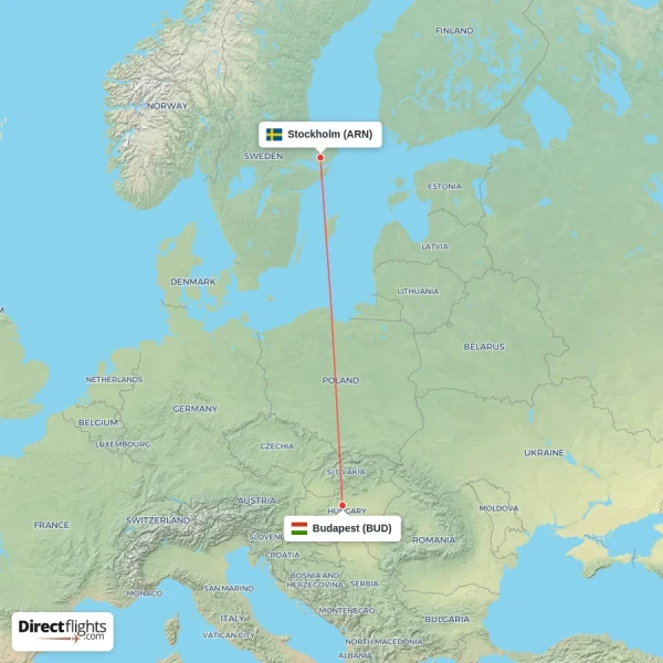 Stockholm - Budapest direct flight map