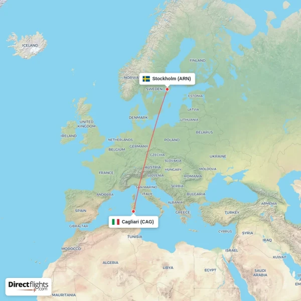 Stockholm - Cagliari direct flight map