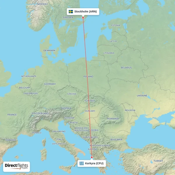 Stockholm - Kerkyra direct flight map