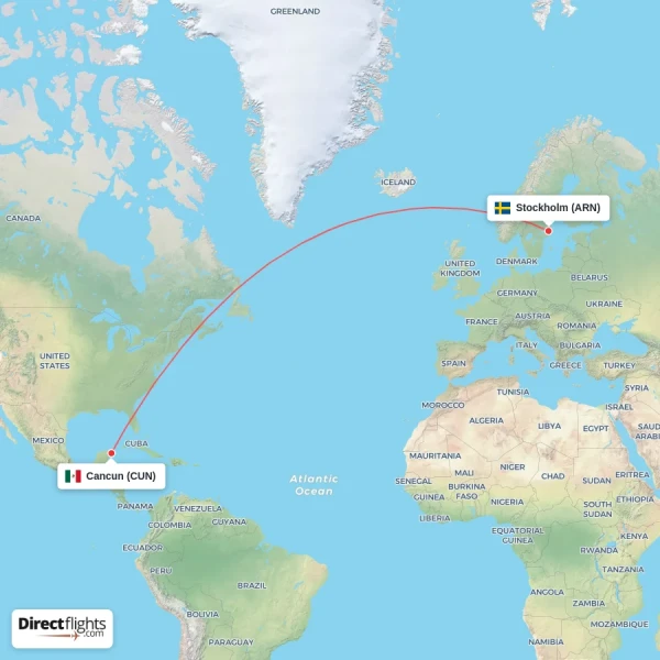 Stockholm - Cancun direct flight map