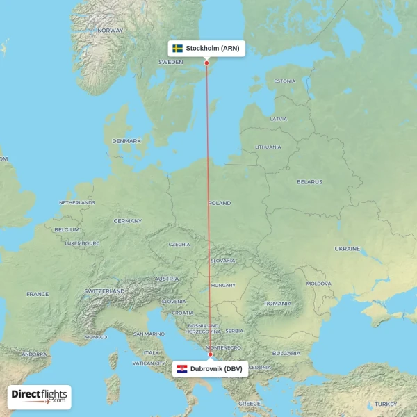 Stockholm - Dubrovnik direct flight map