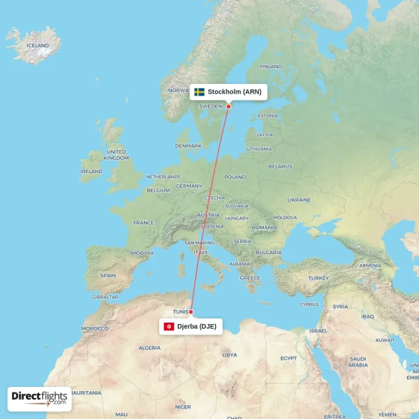 Stockholm - Djerba direct flight map
