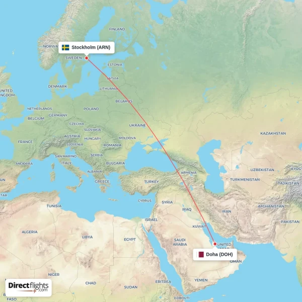 Stockholm - Doha direct flight map