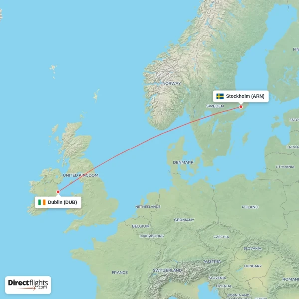 Stockholm - Dublin direct flight map