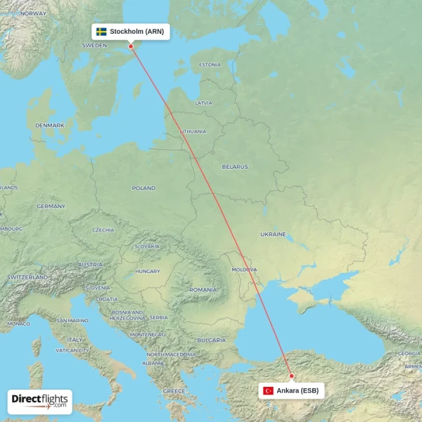 Stockholm - Ankara direct flight map