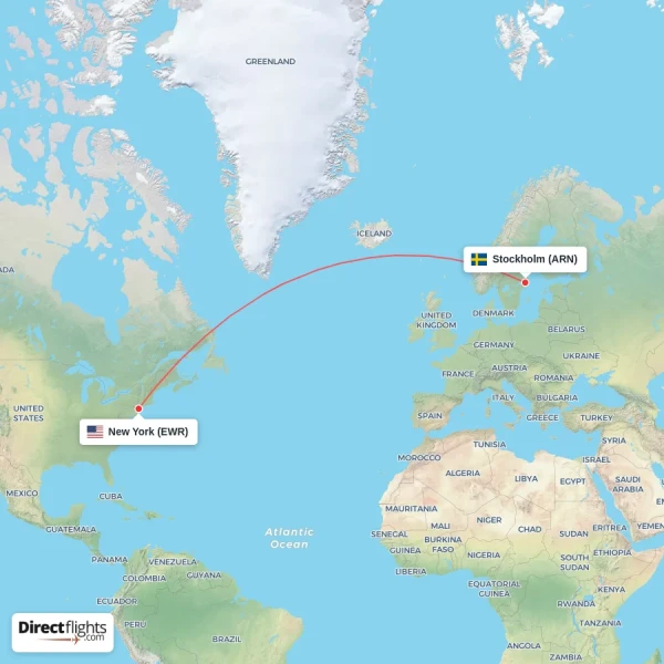 Stockholm - New York direct flight map