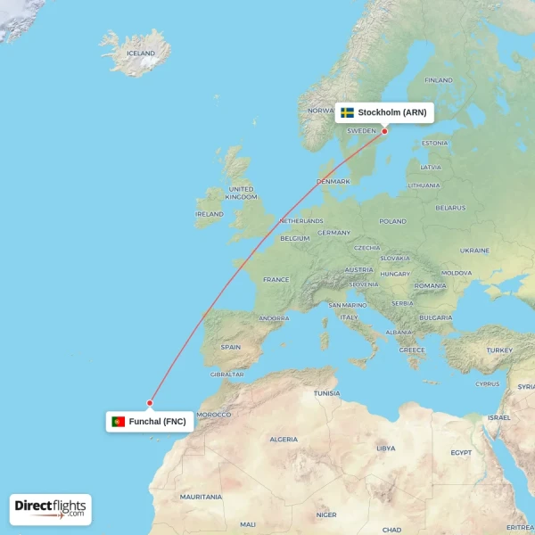Stockholm - Funchal direct flight map