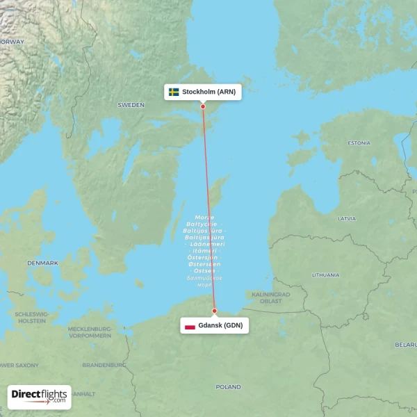 Stockholm - Gdansk direct flight map