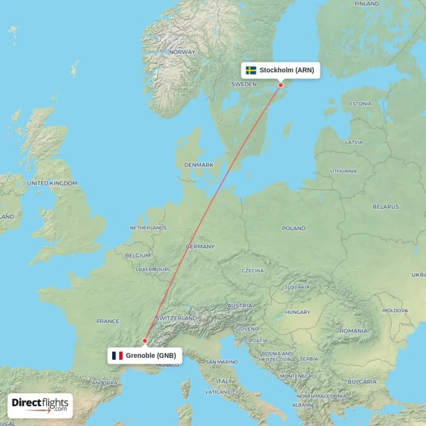 Stockholm - Grenoble direct flight map