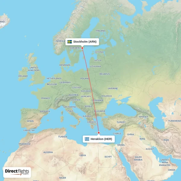 Stockholm - Heraklion direct flight map