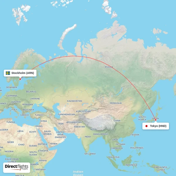 Stockholm - Tokyo direct flight map
