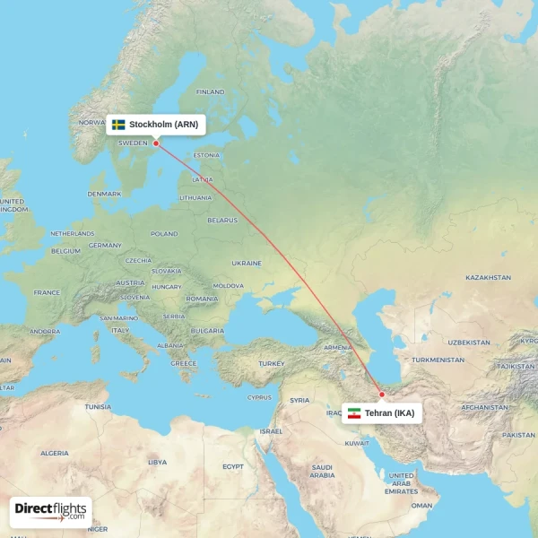 Stockholm - Tehran direct flight map