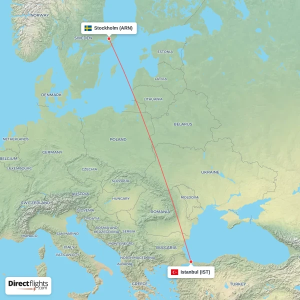 Stockholm - Istanbul direct flight map