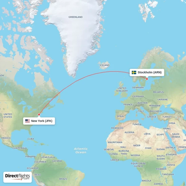 Stockholm - New York direct flight map
