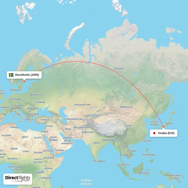 Stockholm - Osaka direct flight map