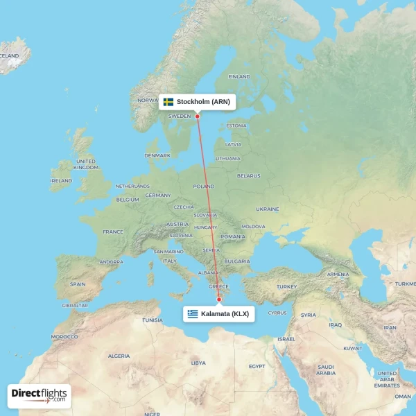 Stockholm - Kalamata direct flight map