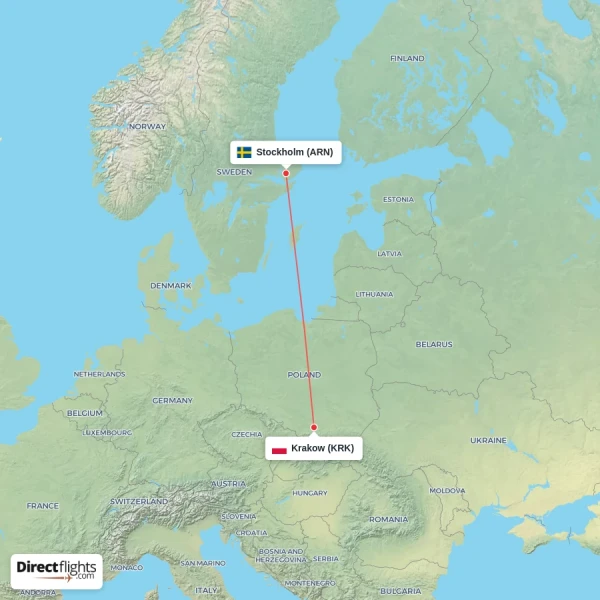 Stockholm - Krakow direct flight map
