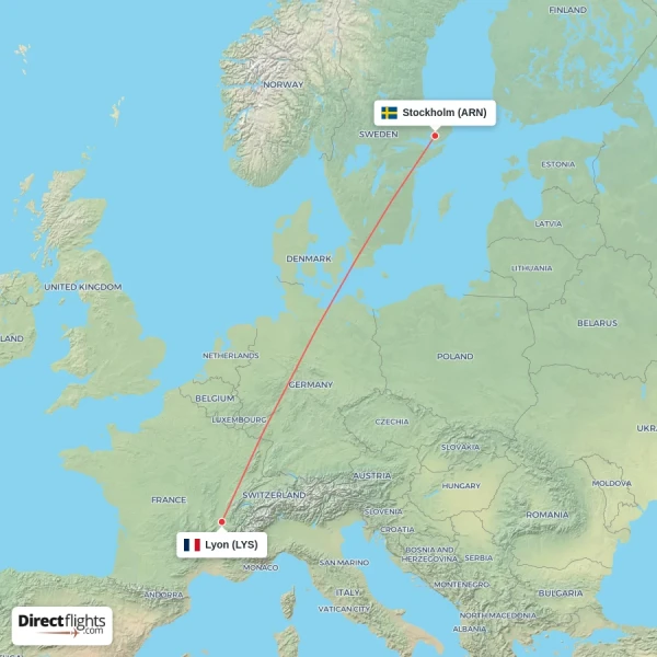 Stockholm - Lyon direct flight map