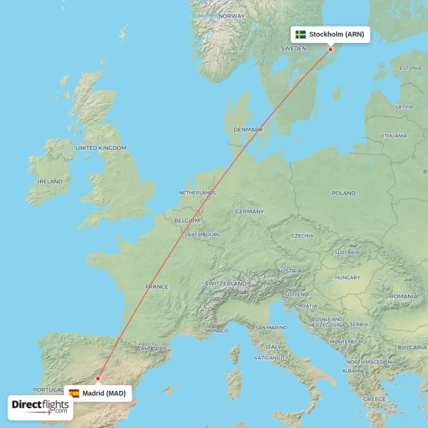 Stockholm - Madrid direct flight map