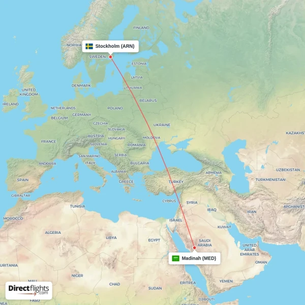 Stockholm - Madinah direct flight map