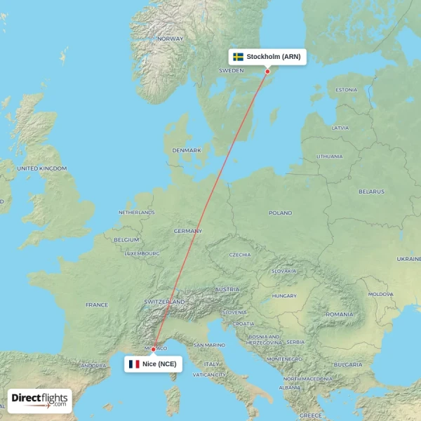 Stockholm - Nice direct flight map