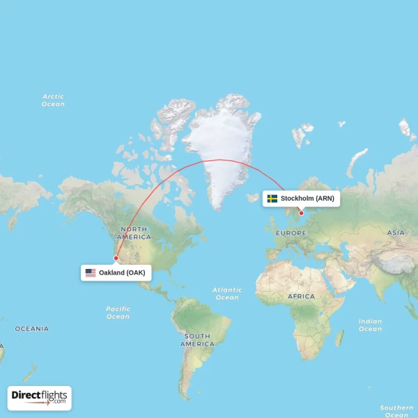 Stockholm - Oakland direct flight map