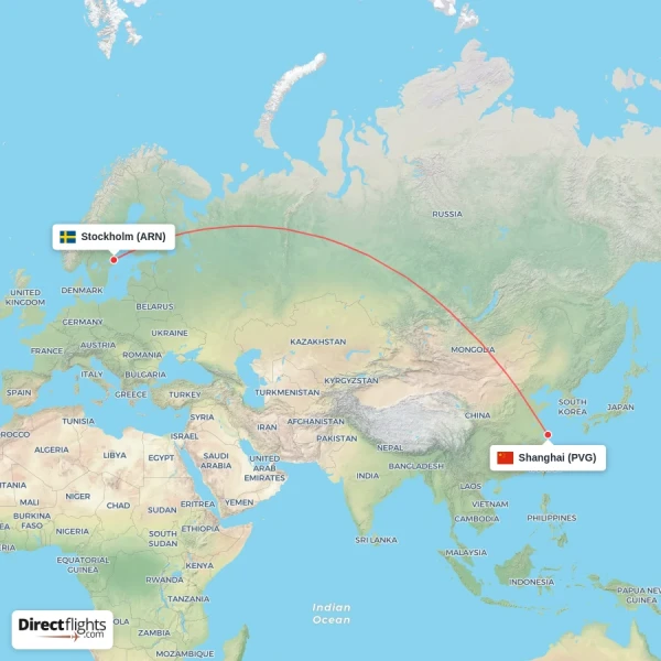 Stockholm - Shanghai direct flight map