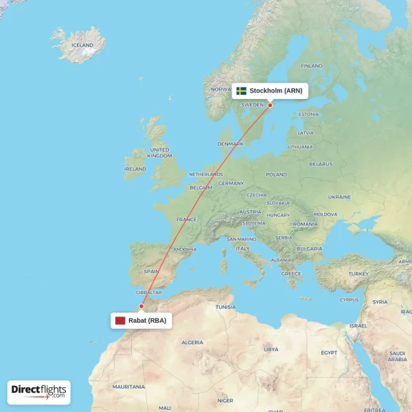 Stockholm - Rabat direct flight map