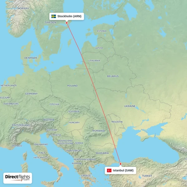 Stockholm - Istanbul direct flight map