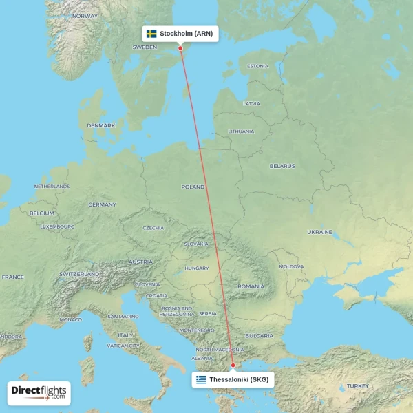 Stockholm - Thessaloniki direct flight map