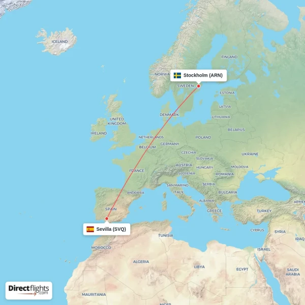 Stockholm - Sevilla direct flight map