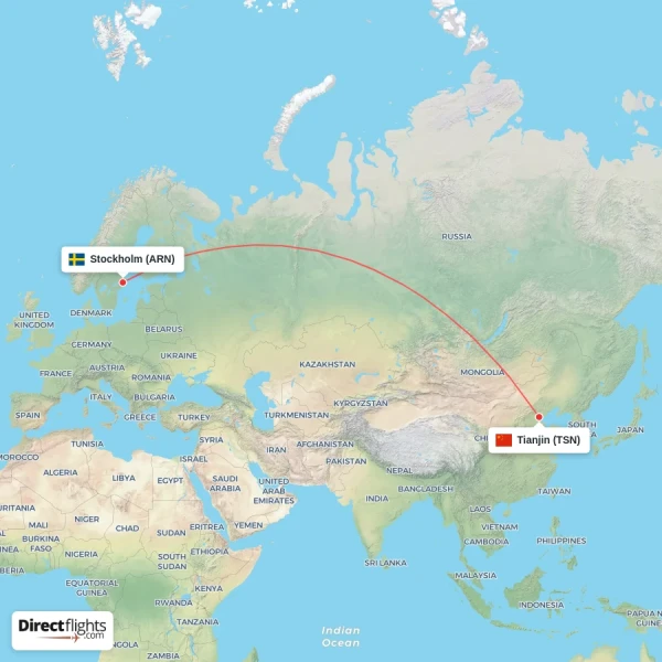 Stockholm - Tianjin direct flight map