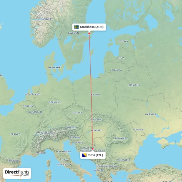 Stockholm - Tuzla direct flight map