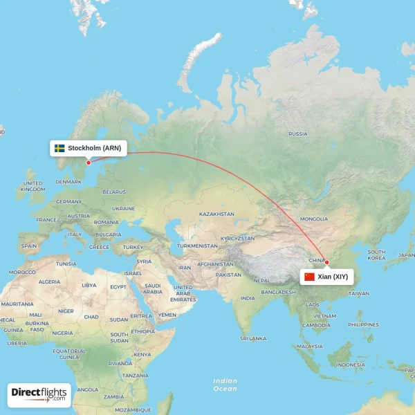 Stockholm - Xian direct flight map