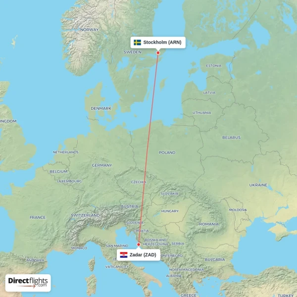Stockholm - Zadar direct flight map