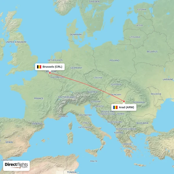 Arad - Brussels direct flight map