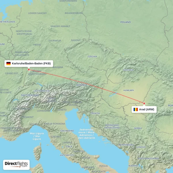 Arad - Karlsruhe/Baden-Baden direct flight map