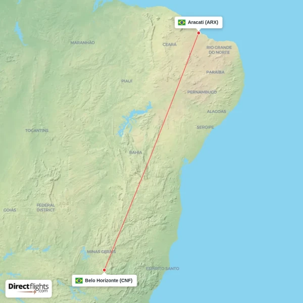 Aracati - Belo Horizonte direct flight map