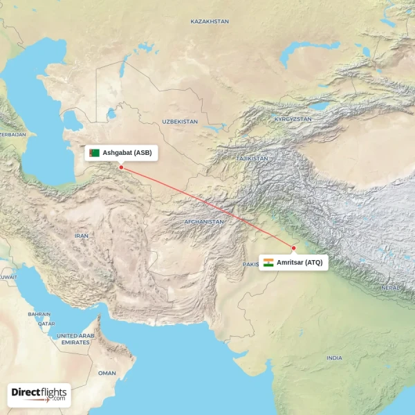 Ashgabat - Amritsar direct flight map