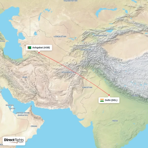 Ashgabat - Delhi direct flight map