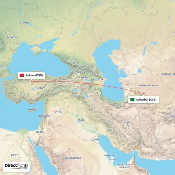 Ashgabat - Ankara direct flight map